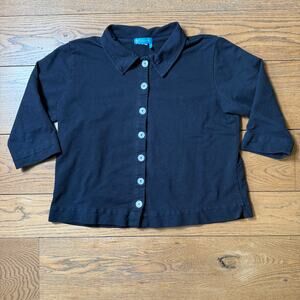 Fresh Produce Button Up Cardigan SZ M 3/4 Wide Sleeve Navy Lagenlook Artsy Boxy